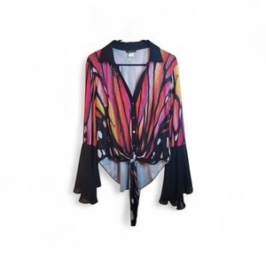 VENUS Black & Pink Butterfly-Print Tie-Front Blouse SIZE (M)